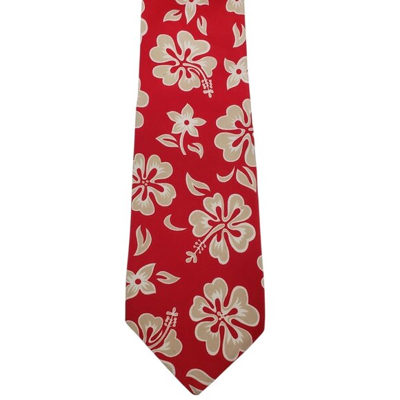 Lands' End Vintage Red Tan Aloha Hibiscus Handsewn Silk Wide‎ Hawaiian Tie USA - Picture 1 of 3